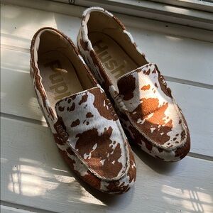 Hush Puppies Brown and White Cow Print Loafers